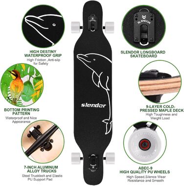Лонгборд Slendor 106,7 см, кленовий, Drop Through, повний комплект, для круїзингу та фрістайлу, камбер-конкейв, з рослинами та птахами