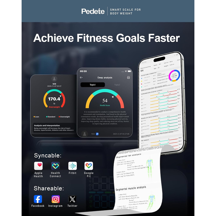 Інтелектуальна вага для вимірювання жиру в тілі, Bluetooth, аналіз складу тіла, BMI, 180 кг