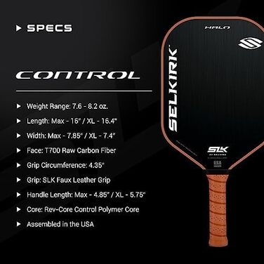 Падл для піклболу Selkirk SLK Halo Control & Power з карбоновим покриттям, полімерним ядром Rev-Core Power, для максимального обертання та контролю