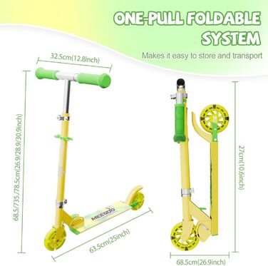 MEE GOO Роликовий самокат для дітей з алюмінію, складний, 3 регульовані висоти, LED колеса, жовтий