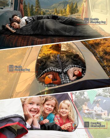 Сплячий мішок Outdoor Sportneer для 2 осіб: двомісний спальний мішок для кемпінгу, 3 сезони, 220x150 см, 2.75 кг, з 2 подушками, для дорослих, чорний (без фланелевої підкладки)