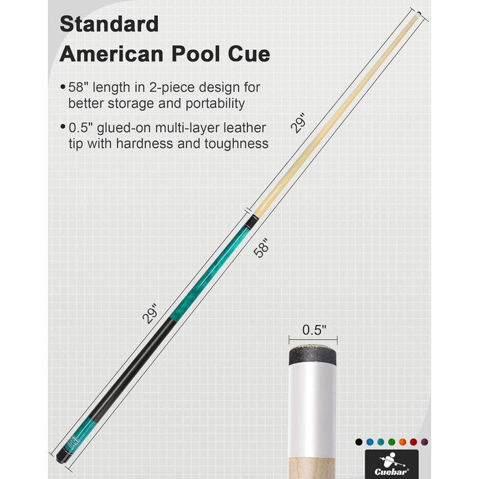Набір київ для більяру CUEBAR (6 шт.) з 3D-рукояткою, 147,3 см. Підходить для чоловіків та жінок. Різні кольори (фіолетовий, червоний, зелений, блакитно-зелений, синій, чорний).