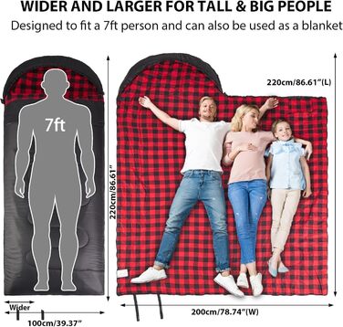 Спальний мішок GEERTOP XXL 4 сезони, фланель, 220x100 см, для дорослих, кемпінг, подорожі, туризм (чорний з червоною клітинкою)