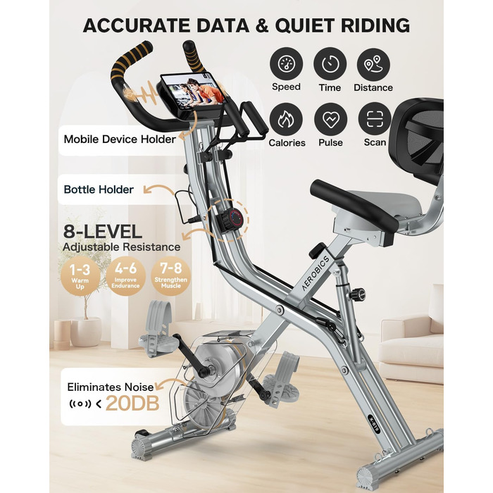 Pooboo Складний велотренажер X-Bike з магнітним опором, датчиком пульсу, тримачем для пляшки, ременями та підтримкою спини для домашнього фітнесу