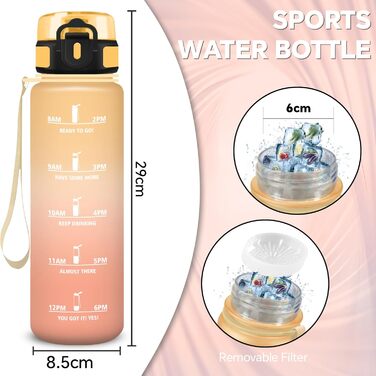 Спортивна пляшка для води 1 літр з міткою часу, витокозахисна, легка, для велосипеда, школи, офісу, фітнесу (1000 мл, бурштиново-помаранчевий)