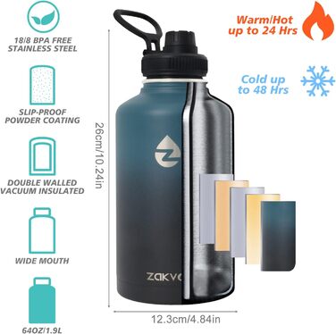 Термос-пляшка 2L з нержавіючої сталі з трубочками та 3 кришками, термос-пляшка з паракордом, термокана 2 літри з щіткою для миття, для фітнесу (Синій+Чорний)