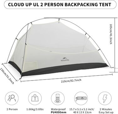 Намет Naturehike Cloud Up Pro 2 особи для кемпінгу, сірий - вітро- та водонепроникний, легкий у встановленні