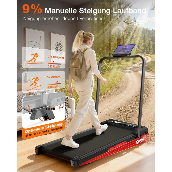 Складане бігове доріжки 4-в-1 з ручним нахилом 9%, тихий електричний біговий тренажер до 10 км/год, безщітковий двигун 3.0 PS, амортизація, LED-дисплей, компактний, для дому та офісу