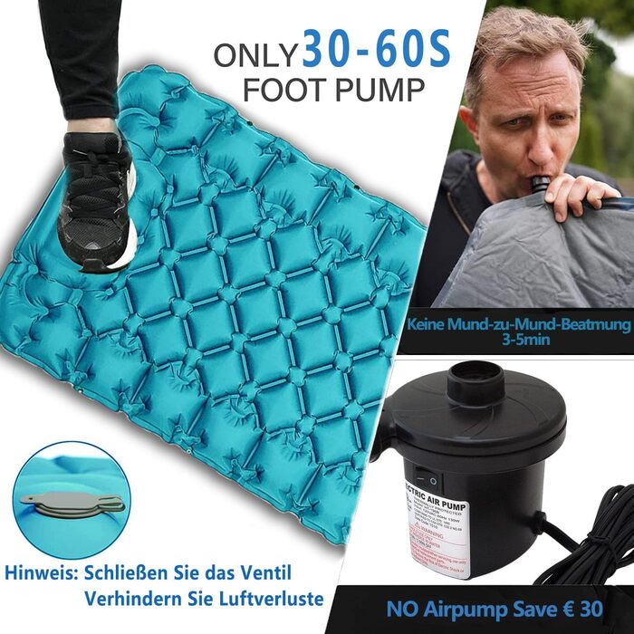TENQUAN Килимок для кемпінгу самонадувний, 9см - туристичний килимок, повітряний матрац, килимок для сну, клапан, насос, для авто, намету, трекінгу, пляжу (блакитний/сірий)