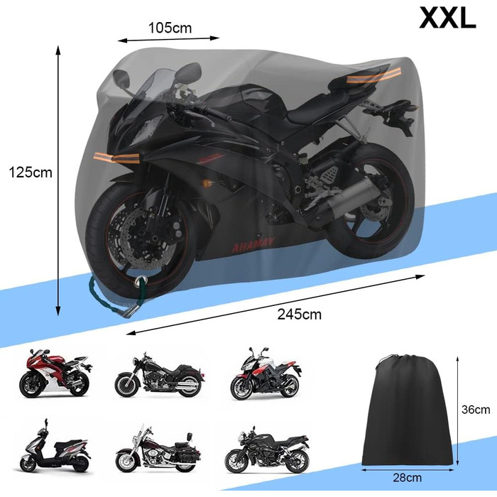 Захисний чохол для мотоцикла URAQT, XL/XXL, водонепроникний, анти-UV, стійкий до розривів, з отвором для захисту від крадіжок, 230x95x125CM (245x105x125CM)