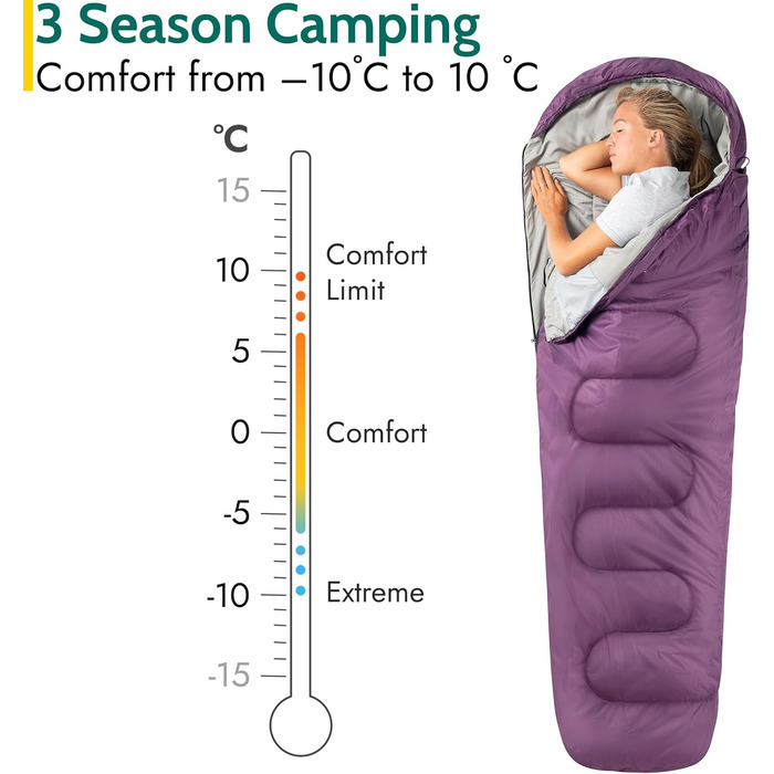 Спальний мішок Trail для дорослих – 3 сезони, Outdoor, весна/літо/осінь – 300 GSM, для кемпінгу, з внутрішньою кишенею, легкий, компресійний (фіолетовий)
