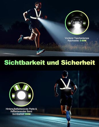 Фара для бігу Lauflampe Joggen: нагрудна ліхтар з регулюванням 45°, 500 люмен, 2 кольори, USB-C, IPX4, подвійний ремінь з відбивачами 360° для кемпінгу, велоспорту та активного відпочинку