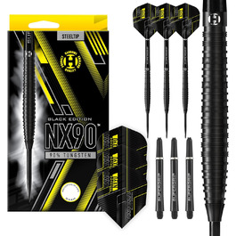 Дартс-набір Harrows NX90 Black Edition з 90% вольфраму, сталевий наконечник, 21-26 г, чорні Supergrip Midi шафти та Micron-NX90 оперення