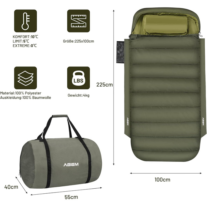 Спальний мішок AGEM для дорослих: 3-4 сезони, 225x100 см, 4-5 кг, для кемпінгу та риболовлі