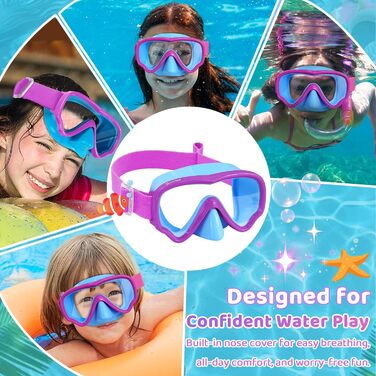 Дитячі маски для снорклінгу Vvinca: маска та трубка для плавання, 180° панорама, антизабруднення, для дітей 3-14 років (блакитний+фіолетовий)