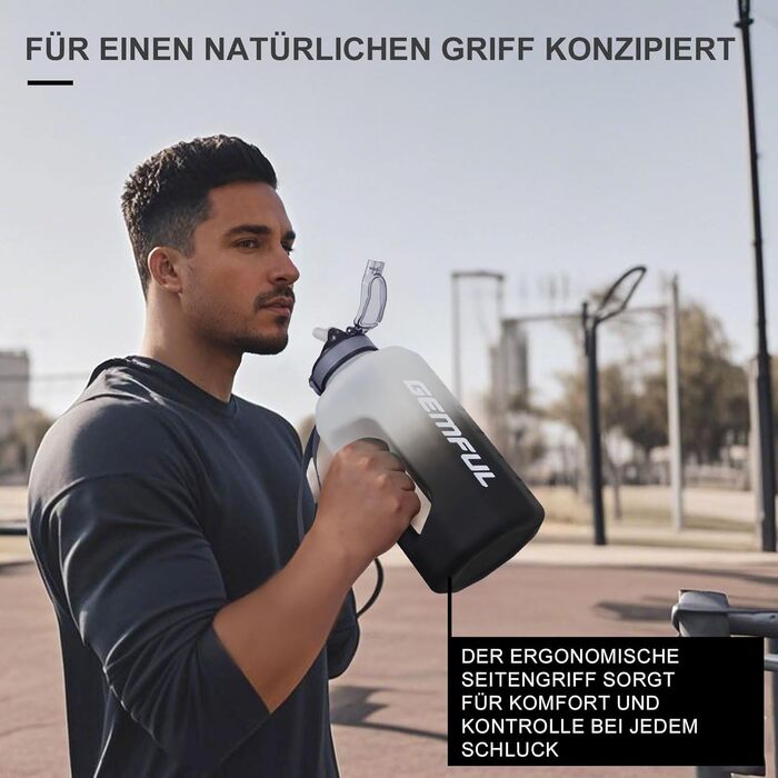 Фляга для води GEMFUL 2.2 л зі трубочкою, велика спортивна пляшка з маркуванням часу, BPA-free, для фітнесу, велоспорту, активного відпочинку та роботи (Білий/Чорний)