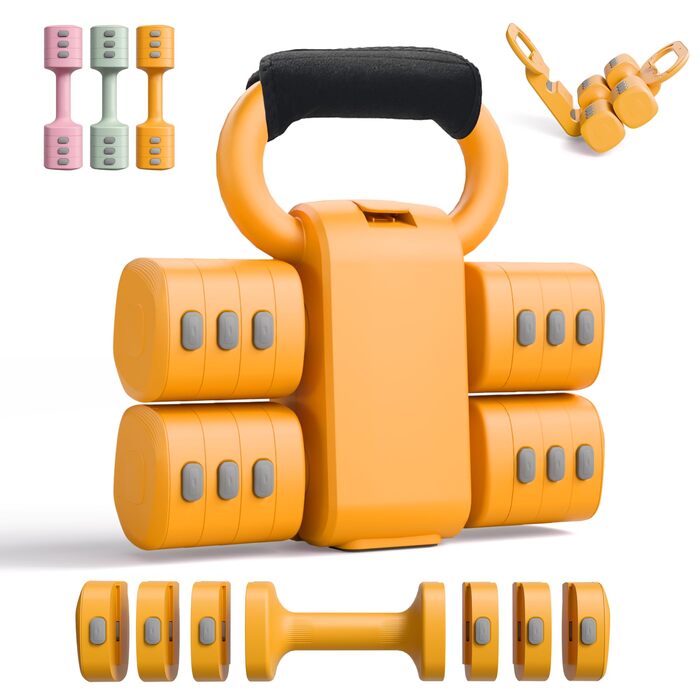 Набір 2-в-1: Регульовані гантелі та м'ячики-гантелі для фітнесу вдома, 4 ступені ваги (1-2.5 кг), для жінок, з антиковзним кріпленням. Жовтий колір.