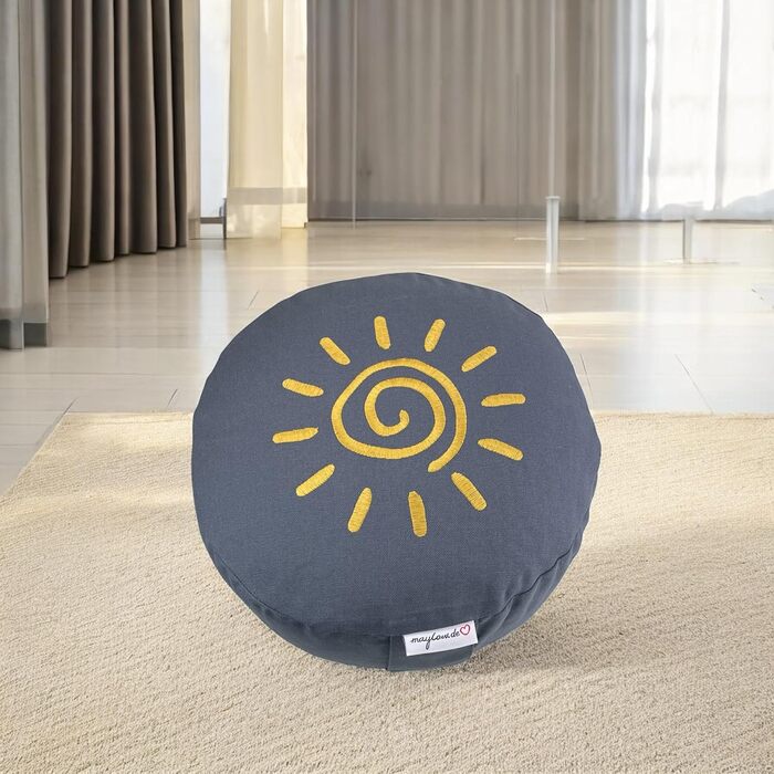 maylow Yoga mit Herz® Медитаційна подушка 'Surya' Сонце, з вишивкою, знімний чохол, наповнювач з органічної лузги спельти, персоналізація, сіро-кам'яний