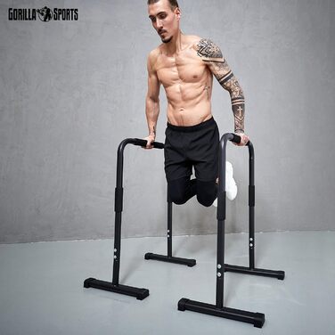 Паралети GORILLA SPORTS® для віджимань і діпів, сталеві, антипослизькі, до 200 кг, 68x45x94 см, чорні – станція для віджимань, кросфіт і калістеніка