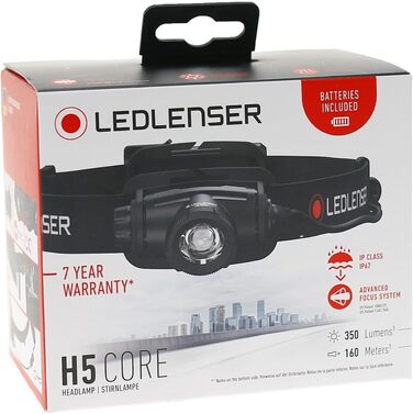 Ліхтар налобний Ledlenser H5 Core LED, 350 люмен, водонепроникний IP67, регульований, поворотний, з плавним регулюванням яскравості, 2xAA батарейки, дальність освітлення 160м, з батарейками