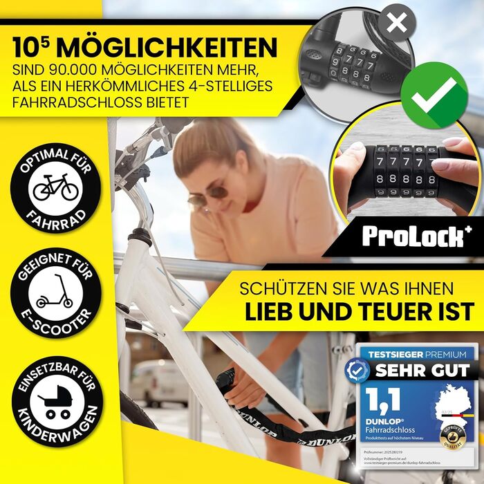 Замок для велосипеда Dunlop з цифровим кодом, 8-100 см, захист рівня 8-100, ланцюг для електровелосипеда, скутера, чорний