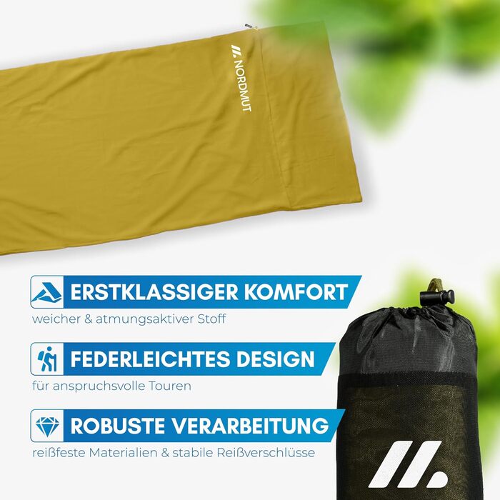 Спальний мішок NORDMUT® ультралегкий з мікрофібри/бавовни для подорожей, дихаючий, компактний, м'який + відділення для подушки (Охровий, бавовна)