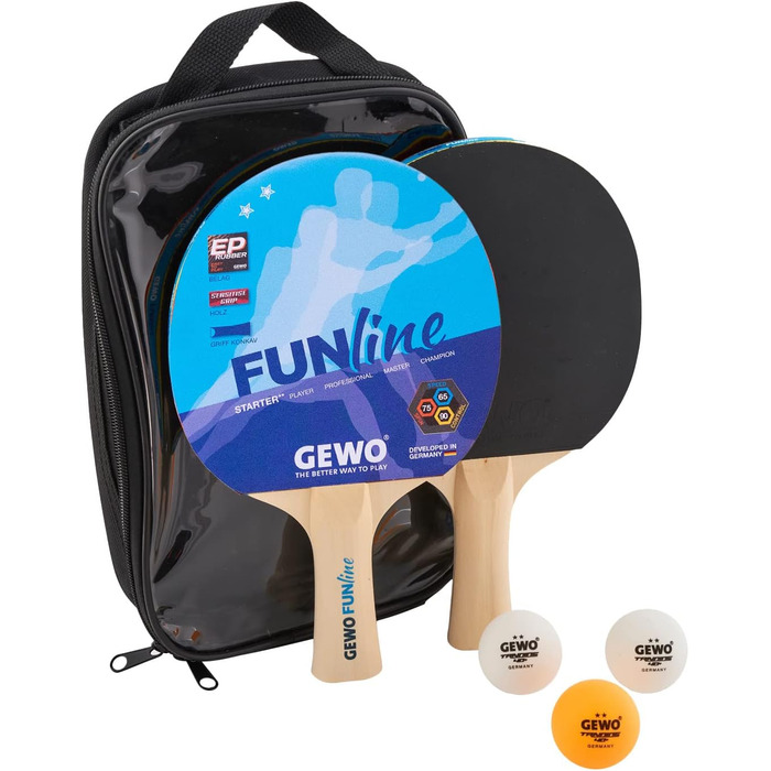 Набір для настільного тенісу GEWO Fun – одиночні та комплекти (1-4 ракетки, м'ячі, сумка, сітка) для початківців, хобі та відпочинку. Поверхня з гумовими ніжками, ергономічна ручка. Комплектація: 4 ракетки + 10 м'ячів + сумка (2 ракетки + 3 м'ячі + сумка)