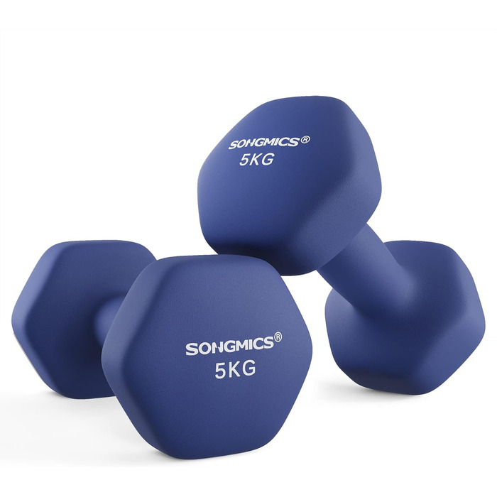 Гантелі SONGMICS 2 x 5 кг, неопрено́ві, шестигранні, набір для силових тренувань вдома, сині