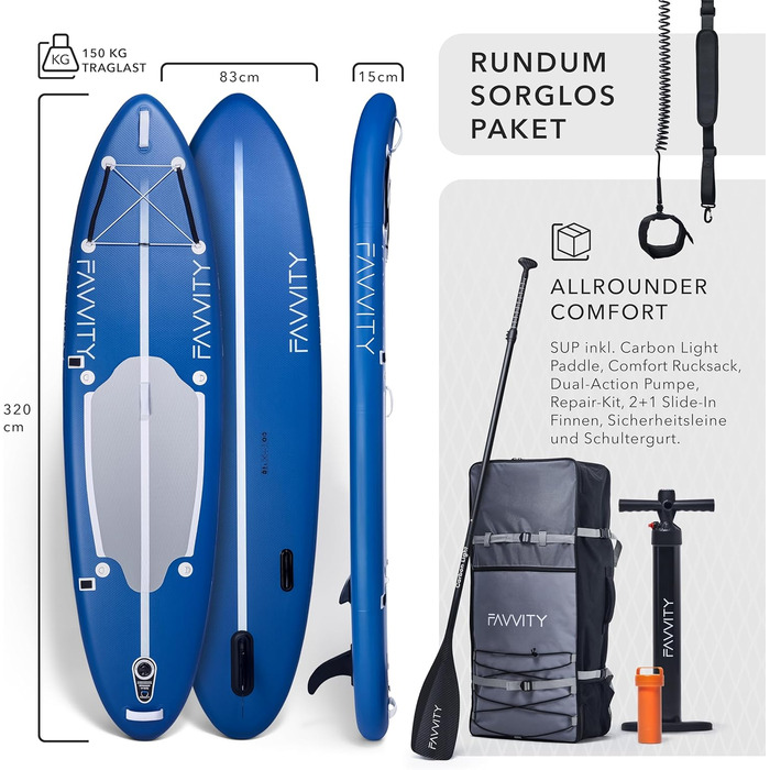 Надувна SUP-дошка FAVVITY Marineblau, напівкарбон, 150 кг, стильна, 7 років гарантії, ультралегка, універсальна, комплект для веслування стоячи