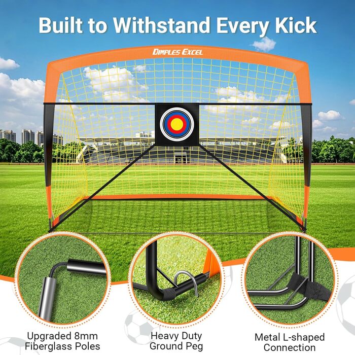 Ворота для футболу Dimples Excel Pop-Up – розкладні для дітей | 1 або 2 шт. у розмірах 120x90 / 152x110 / 213x152 см | 3 кольори на вибір | Опційно з м'ячем, насосом, фігурками та мішенню | Для саду та як подарунок (2-152x110 Оранжевий+Аксесуари)