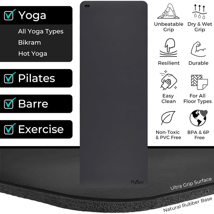 Килимок для йоги Plyopic Ultra-Grip Pro – нековзке покриття, комфорт та вологостійкість. Лінія вирівнювання для йоги, джоги, пілатесу, бікраму та гарячої йоги (Ultra Black (Minimalist))