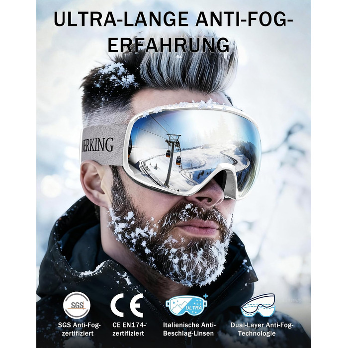 Гірськолижні окуляри Innerking A1 OTG з подвійним склом, захист UV400 та антифог, сумісні з діоптрийними окулярами, для лиж та сноуборду (білий/срібло, VLT 10%)