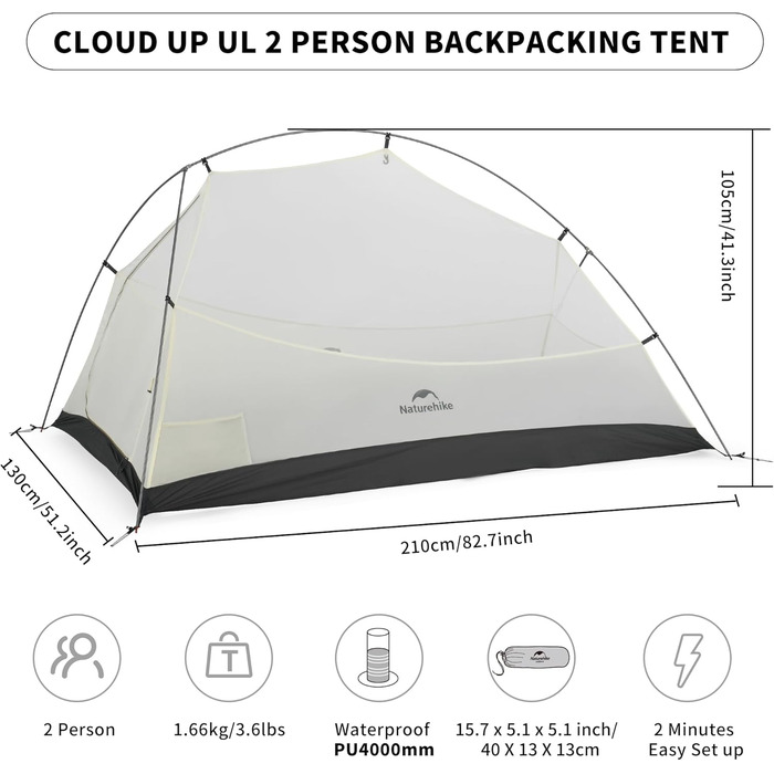 Намет Naturehike Cloud Up Pro 2 особи для кемпінгу, сірий - вітро- та водонепроникний, легкий у встановленні