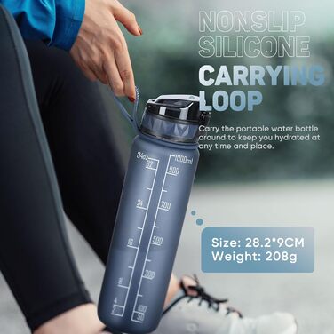 Спортивна пляшка для води 1л BPA-free з неслизьким гумовим грифом - для велосипеда, відпочинку, школи, спортзалу (1000 мл)