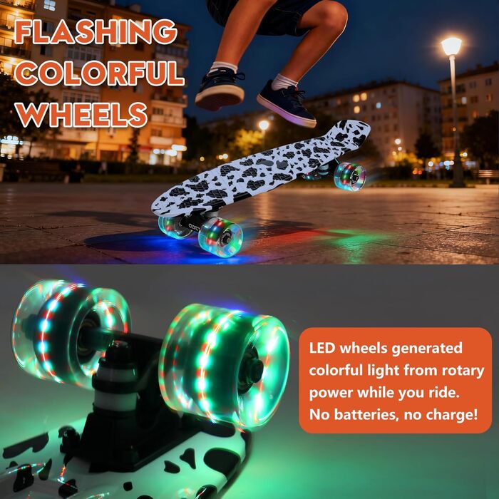 Скейтборд CLYCTIP Mini Cruiser 22 дюйми з підсвічуванням та ABEC-11 підшипниками для дітей та початківців, білий