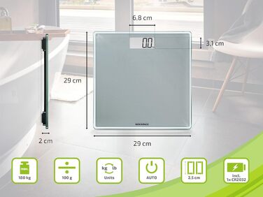 Цифрова вага Soehnle Style Sense Compact 300 для зважування людей, з великою платформою, зрозумілим LCD-дисплеєм, ультратонкий дизайн, безпечне скло, сіра