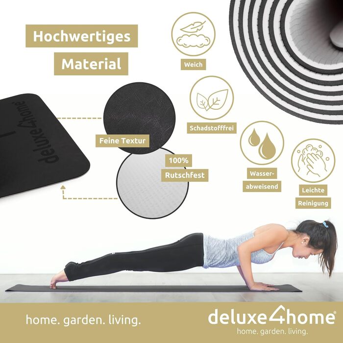 Килимок для йоги та фітнесу deluxe4home, нековзкий, з ременем для перенесення, для пілатесу і тренувань, з лініями вирівнювання, чорний