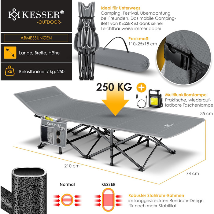 Кемпінг ліжко KESSER®: складане, стабільне, для відпочинку на природі, 210 см, сірий колір, з сумкою та ліхтарем