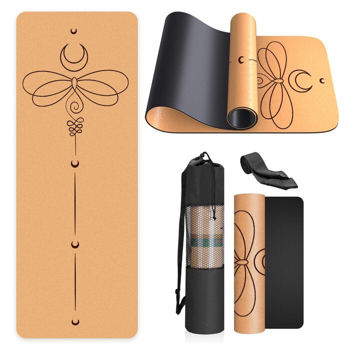 Килимок для йоги з натуральної корку, неслизький, унікальний дизайн, TPE, з сумкою, для дому, пілатесу, фітнесу та тренувань (Libelle)