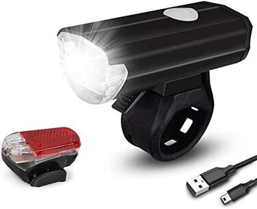 Набір переднього та заднього велоліхтаря, USB-зарядка, сертифікат StVZO, 2 режими освітлення, водонепроникність IPX4, для дітей та дорослих, чорний