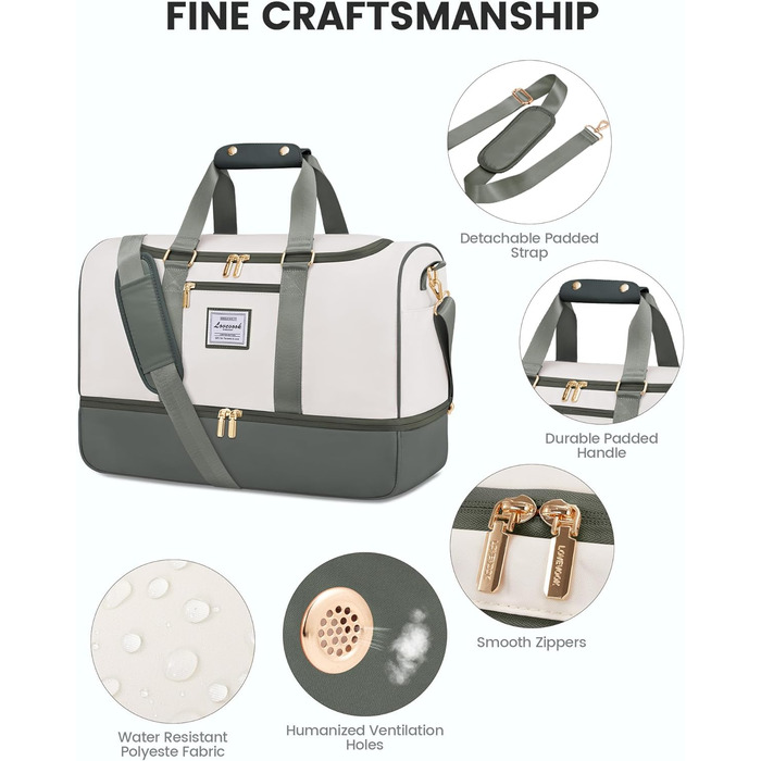 Сумка-валіза LOVEVOOK 37L для подорожей та спортзалу, водонепроникна, з відділенням для взуття та мокрих речей, зелено-бежева