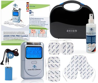 Пристрій TENS Axion STIM-PRO Comfort для терапії болю - 4 електродні накладки 5x5 см | Апарат електростимуляції для зняття болю при артрозі, артриті, болях у шиї, спині, суглобах | Сертифікований медичний продукт