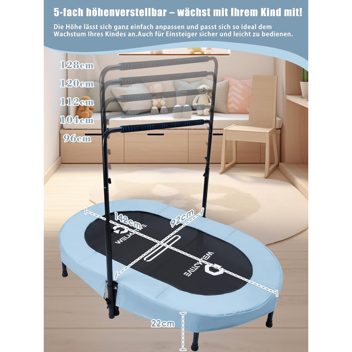 Батут овальний для дому 2 осіб, до 150 кг, синій з ручками - для дітей та дорослих, фітнес, розвиток м'язів