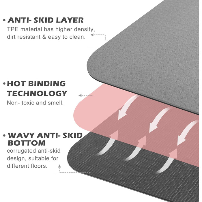 Йога мат UMINEUX, TPE, 72x24 см, антиковзка, для жінок, з чохлом та рушником, чорний та сірий