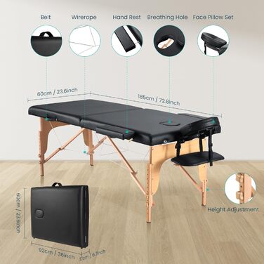 Складаний мобільний масажний стіл BODIOO з дерев'яними ніжками, 2 зони, регульована висота, до 250 кг, чорний