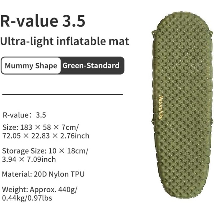 Килимок туристичний Naturehike Ultraleichte 3.5R, самонадувний, зелений, для кемпінгу, трекінгу, альпінізму, подорожей