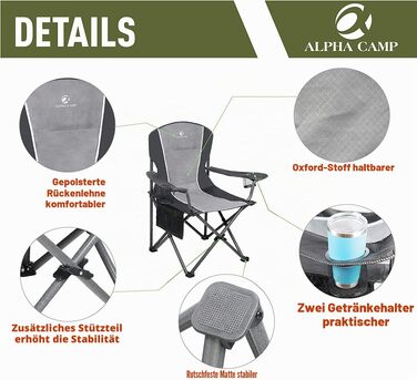 Розкладний кемпінговий стілець ALPHA CAMP X-Large з підлікучниками та підстаканником, посилена сталева рама до 160 кг, чорно-сірий