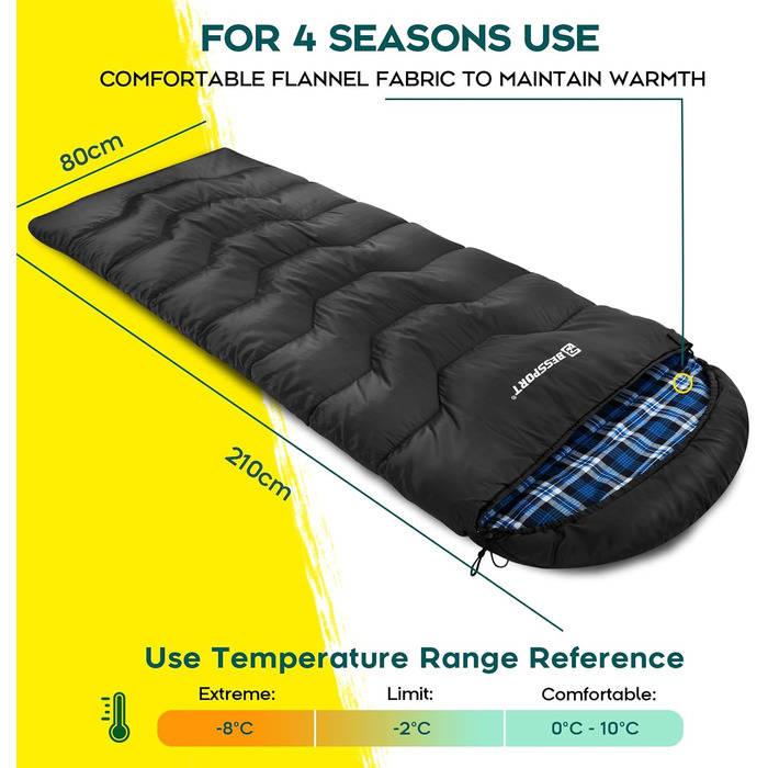 Спальний мішок Bessport фланелевий для кемпінгу 3-4 сезони - 10°C-20°C | Зимовий, легкий, водонепроникний та теплий спальний мішок для дорослих та дітей, для рюкзакових подорожей, кемпінгу, походів та подорожей. Фланелевий, синьо-зелений (-5°C) (фланелеви