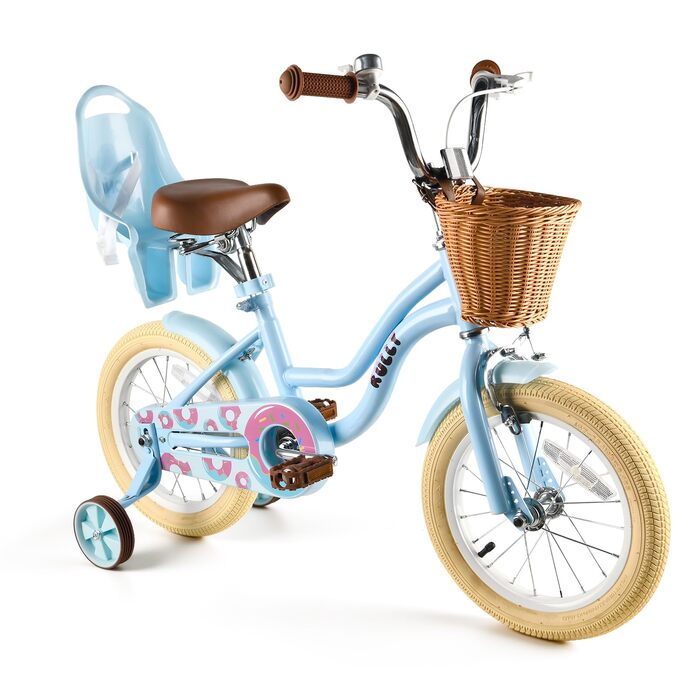 Дитяче велосипед RULLY для дівчаток з додатковими колесами, кошиком та сидінням для ляльки, регульоване сидіння, 2-7 років, блакитний, 16 дюймів