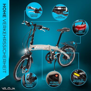 Електровелосипед VELOJA 20 дюймів складаний, 250Вт, 100 км, 9 передач, алюмінієвий, 5 режимів підтримки, європейська збірка